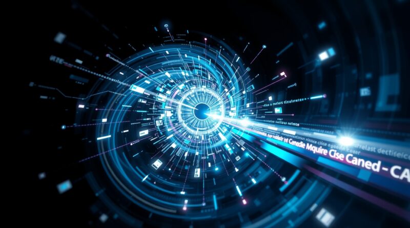 Abstrakcyjne oko AI z wiru światła i danych, symbolizujące szybkie przetwarzanie wizualne przez model FastVLM Apple.