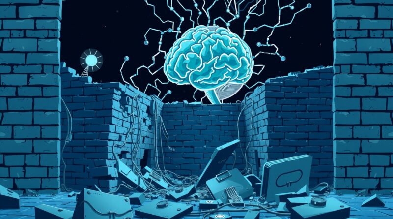 Rozpadająca się cyfrowa forteca pod mózgiem AI. Brytyjskie motywy symbolizują cyberzagrożenia dla firm.