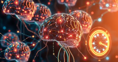 Abstrakcyjna sieć cyfrowych mózgów, symbolizująca bezpieczną, wspólną naukę AI z zachowaniem prywatności.