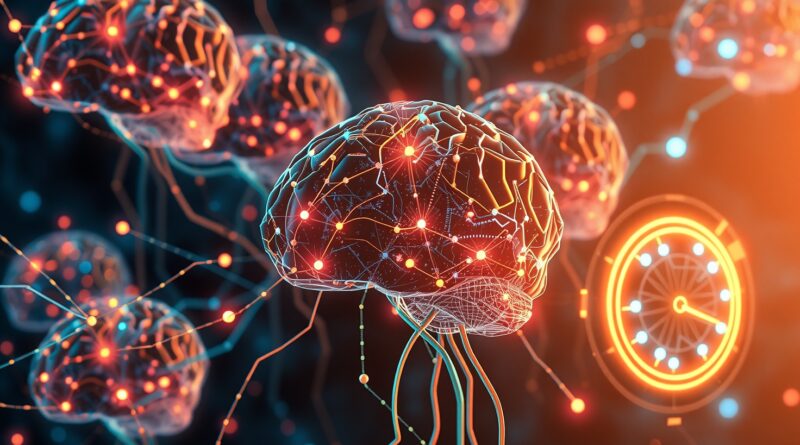 Abstrakcyjna sieć cyfrowych mózgów, symbolizująca bezpieczną, wspólną naukę AI z zachowaniem prywatności.