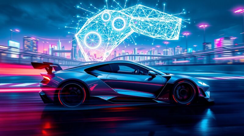 Elektryczny bolid Formuły E pędzi przez futurystyczne miasto. AI w chmurach, inkluzywność motorsportu.