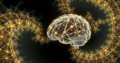 Abstrakcyjne fraktale przechodzą w stylizowany mózg z sieci połączeń symbolizujący adaptacyjne wnioskowanie modeli językowych.