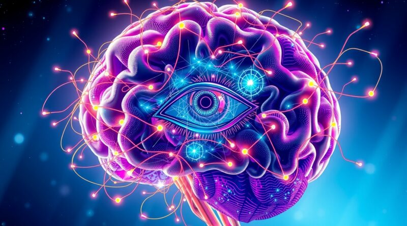 Surrealistyczny mózg z optycznych włókien, symbolizujący multimodalną AI, połączony z okiem o fraktalnej tęczówce.