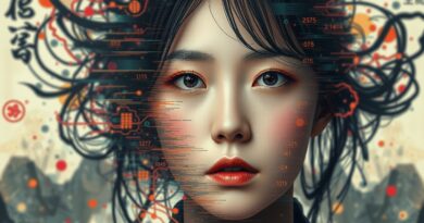 Młoda Chinka stapia się z interfejsem AI, cyfrowy chaos i tradycyjna chińska sztuka. Fāfēng.
