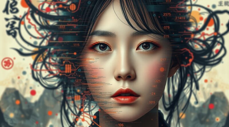 Młoda Chinka stapia się z interfejsem AI, cyfrowy chaos i tradycyjna chińska sztuka. Fāfēng.