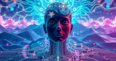 Surrealistyczny pejzaż: obwody drukowane, psychodeliczne wzory, medytująca postać połączona z cyfrowym mózgiem. Neonowe barwy, geometryczne kształty.