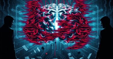 Hiperrealistyczny rdzeń AI atakowany przez glitchujące dane, otoczony przez biznesmenów - zdrada i bunt w cyberpunkowej scenerii.