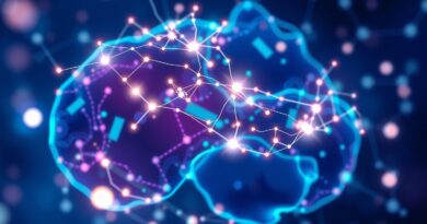 Abstrakcyjna wizualizacja segmentacji obrazów medycznych: świecące linie, połączenia, błękity, fiolety, zieleń. Innowacja w medycynie.