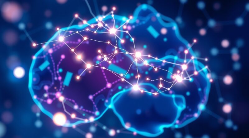 Abstrakcyjna wizualizacja segmentacji obrazów medycznych: świecące linie, połączenia, błękity, fiolety, zieleń. Innowacja w medycynie.