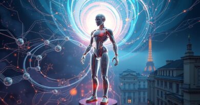 Eteryczny robot wyłania się z nebulosa kodu, symbolizujący AI Genesis, na tle Silicon Valley i Paryża.