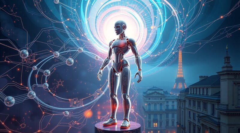 Eteryczny robot wyłania się z nebulosa kodu, symbolizujący AI Genesis, na tle Silicon Valley i Paryża.