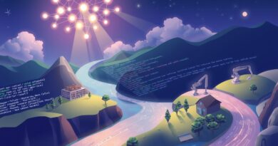 Stylizowany strumień kodu rozgałęziający się w różne obszary programowania, oświetlony przez gwiazdozbiór GitHub Copilot Chat.