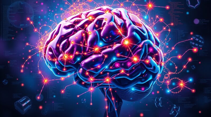 Surrealistyczna sieć neuronowa AI: uporządkowane ścieżki i chaotyczne zaułki symbolizują pułapki nadmiernego myślenia.