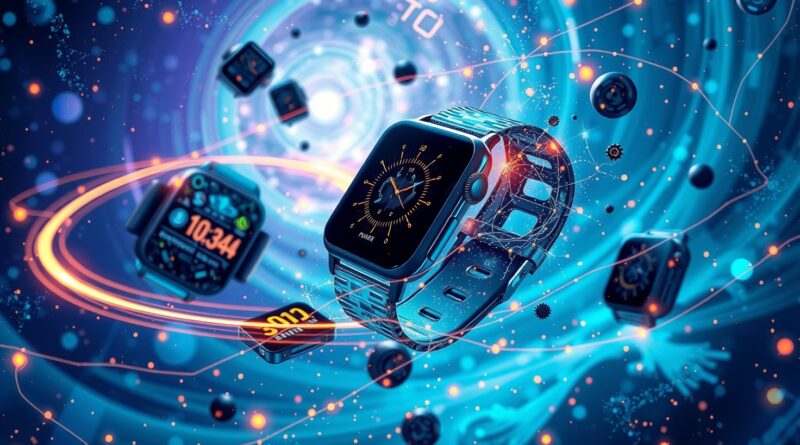 Surrealistyczna wizja danych z urządzeń ubieralnych przetwarzanych przez AI w technologicznie zaawansowanej galaktyce.