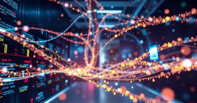 Futurystyczny serwerownia z dynamicznymi, kolorowymi strumieniami danych reprezentującymi orkiestrację GenAI, przetwarzanie multimodalne w czasie rzeczywistym.