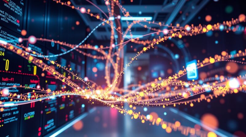 Futurystyczny serwerownia z dynamicznymi, kolorowymi strumieniami danych reprezentującymi orkiestrację GenAI, przetwarzanie multimodalne w czasie rzeczywistym.