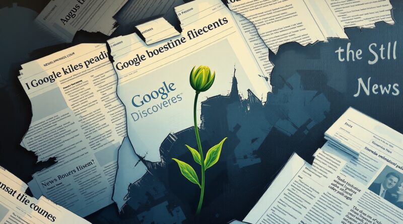 Melancholijny obraz: gazety zlewają się z kodem, Google Discover pęka, kwiat symbolizuje nadzieję.
