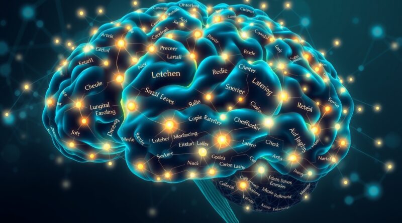 Eteryczny mózg z neonowych węzłów, symbolizujący wielojęzyczne embeddingi Gemini Embedding-001, w stylu Art Nouveau.