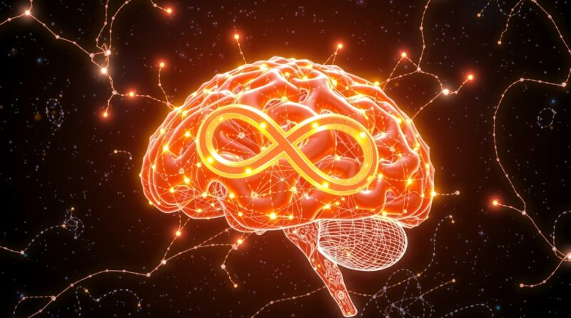 Cyfrowy mózg z połączonych, pulsujących węzłów w kosmosie, symbol nieskończoności. Ilustracja koncepcji Deep Think i autonomii AI.