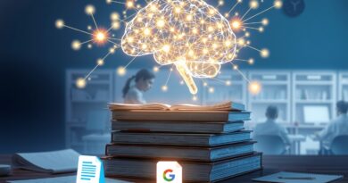 Świecący mózg z sieci neuronowej nad książkami i notatkami, symbole Worda i Google Docs. Nauka i AI.