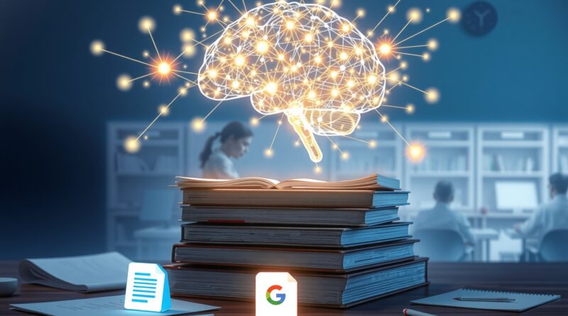 Świecący mózg z sieci neuronowej nad książkami i notatkami, symbole Worda i Google Docs. Nauka i AI.