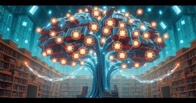 Neuronowa sieć książek, symbolizująca rozszerzony NotebookLM: połączenie wiedzy eksperckiej z inteligentną platformą Google.