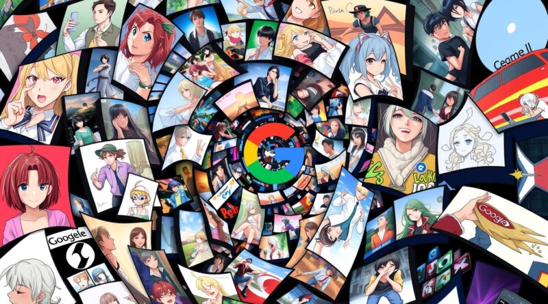 Dynamiczny wir zdjęć w różnych stylach artystycznych, płynnie przechodzących jeden w drugi, z ukrytym logo Google.