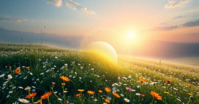 Fotografia kwitnącej łąki płynnie przechodzi w dynamiczne wideo, odzwierciedlając możliwości AI Google Veo 3.