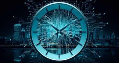 Futurystyczny zegar przechodzący w sieć neuronową AI, z miastem odbitym w tarczy. Symbol integracji AI w życiu.