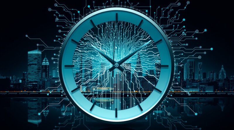 Futurystyczny zegar przechodzący w sieć neuronową AI, z miastem odbitym w tarczy. Symbol integracji AI w życiu.