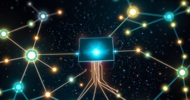 Abstrakcyjna wizualizacja: świecące węzły (bazy danych i agenci AI) połączone światłem, centralna "czarna skrzynka" - dostęp i zrozumienie.