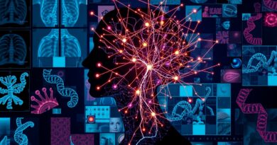 Bioluminescencyjna sieć neuronowa spleciona z sylwetką człowieka, na tle fragmentów obrazów medycznych.