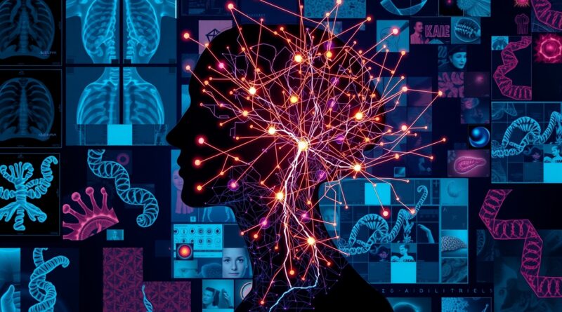 Bioluminescencyjna sieć neuronowa spleciona z sylwetką człowieka, na tle fragmentów obrazów medycznych.