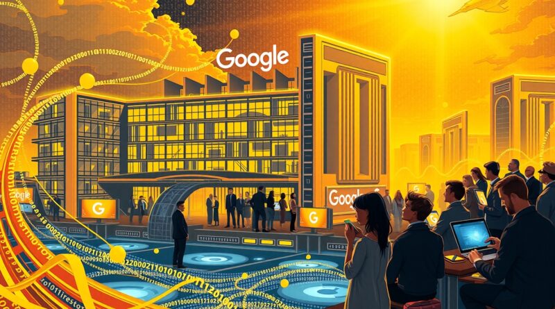 Futurystyczna siedziba Google w renesansowym stylu, otoczona binarnym kodem, symbolizuje powrót giganta w dobie AI.