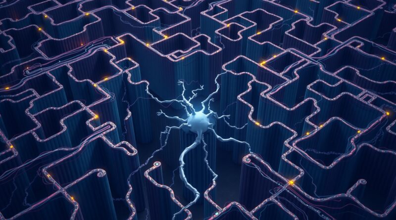 Labirynt neuronów w barwach UE, symbolizujący rozwój AI i regulacje. Neuron w centrum – Google w unijnym kodeksie.