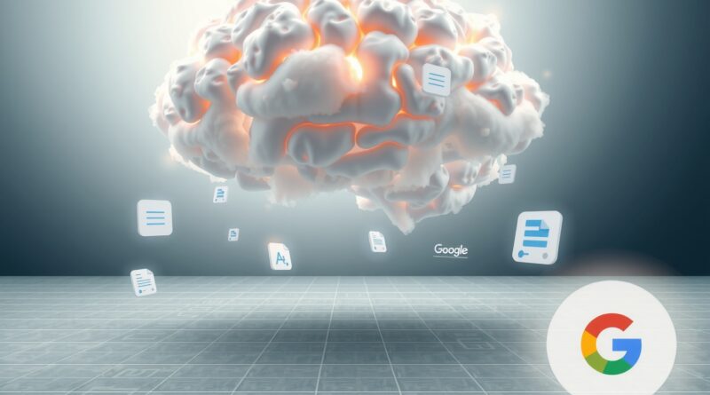Świecąca chmura w kształcie mózgu nad cyfrowym płótnem z ikonami: Canvas i Google Lens w wyszukiwarce AI.