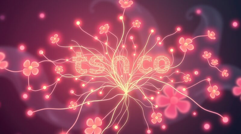 Abstrakcyjna wizja aplikacji Opal: kod splata się z kwiatami, symbolizując łatwe tworzenie webowych aplikacji.