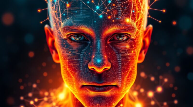 Abstrakcyjny portret twarzy młodego człowieka przechodzącej w starszą, z siecią danych i AI, ilustrujący ocenę wieku przez algorytmy Google.