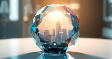 Futurystyczne miasto odbite w klejnocie, symbolizujące AI Google: Gemini 2.5 Pro, Deep Search i inteligentne połączenia.