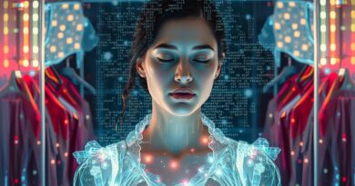 Wirtualna przymierzalnia AI: osoba rozpływa się w strumieniach danych, ubrania w eterycznej formie.