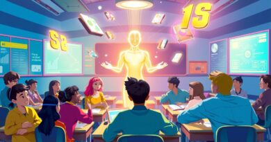 Futurystyczna klasa, Gemini AI oświetla uczniów, holograficzne podręczniki. AI w edukacji.