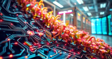 Obwód scalony przekształcający się w cyfrowy ogród, symbolizujący połączenie górnictwa kryptowalut i AI.