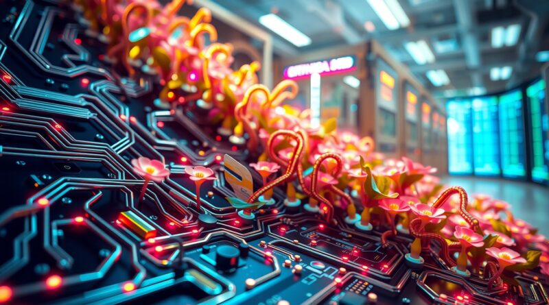 Obwód scalony przekształcający się w cyfrowy ogród, symbolizujący połączenie górnictwa kryptowalut i AI.