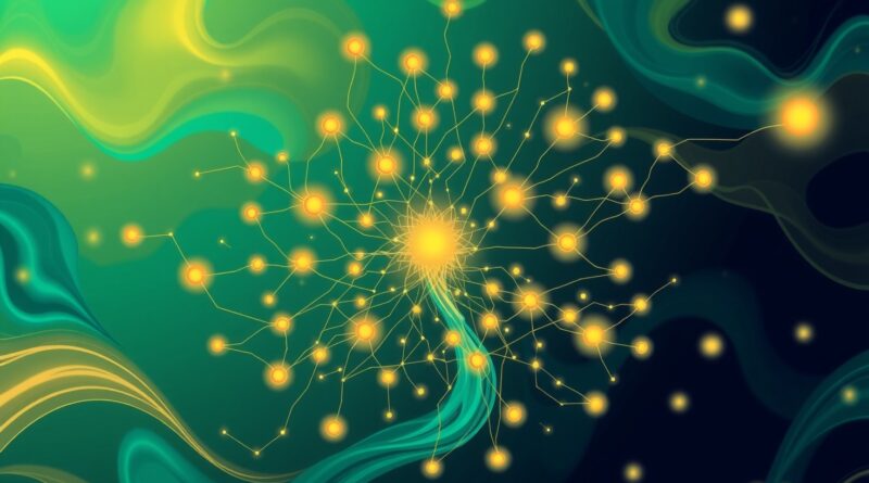 Decentralna sieć neuronowa na Solanie, promieniejąca turkusem, złotem i szmaragdem, symbolizuje demokratyzację sztucznej inteligencji przez Gradient Network.