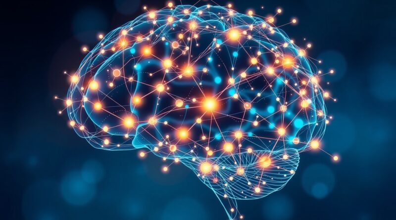 Abstrakcyjna wizualizacja mózgu z sieci neuronowych, symbolizująca cyfrową wiedzę medyczną i przepływ danych.