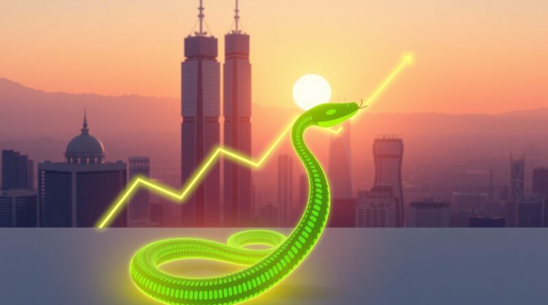 Stylizowany, zielony wąż (Greptile) oplata kod, tworząc wykres wzrostu; w tle minimalistyczny Benchmark.