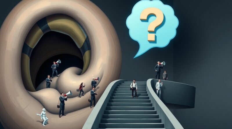 Surrealistyczne schody do ucha, w którym postacie krzyczą lub słuchają. Nad uchem portret Muska zmienia się w znak zapytania.