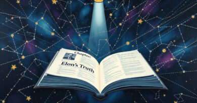 Surrealistyczny obraz: księga w kosmosie, konstelacje polityków, rozdział "Prawda Elona", światło pada.