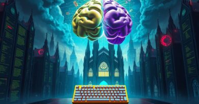 Surrealistyczny pejzaż: serwery-katedry, mózg Grok 4 z pęknięciem, klawiatura z napisem "Common Sense Missing".