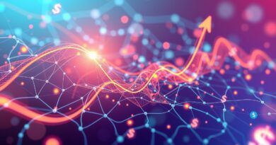 Abstrakcyjna wizualizacja danych: Eksponencjalny wzrost, sieć neuronowa, futurystyczne kolory, ukryte motywy dolara.